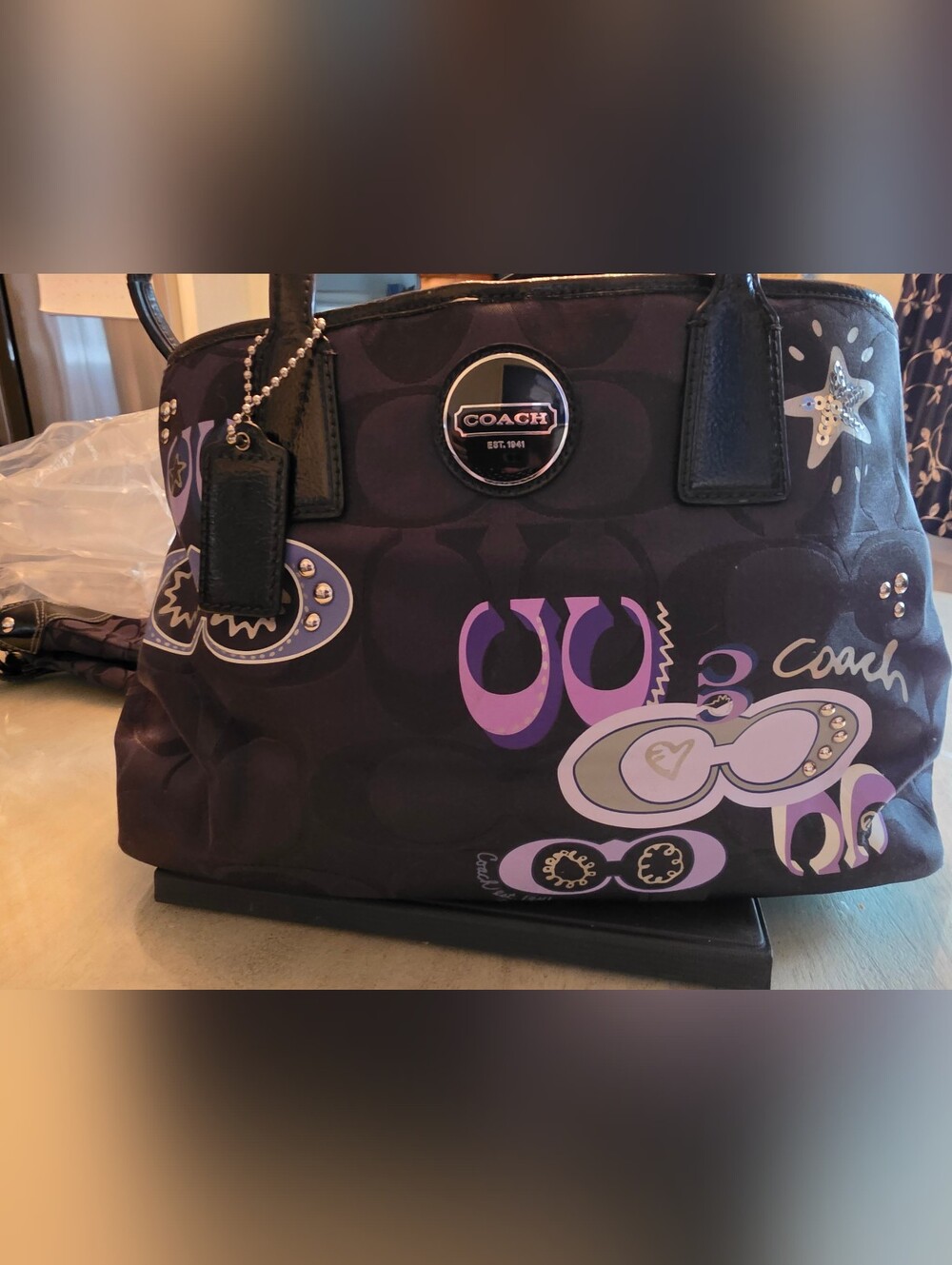 Coach Black and Purple Graphic Canvas Satchel with Stud Accents